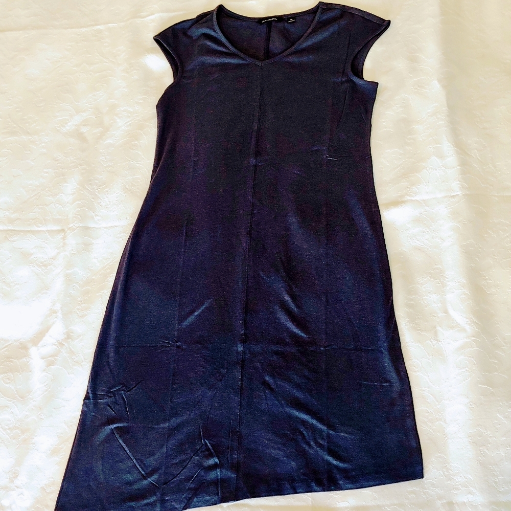 Halston Knit Midi Dress Asymmetric Hem Navy XS